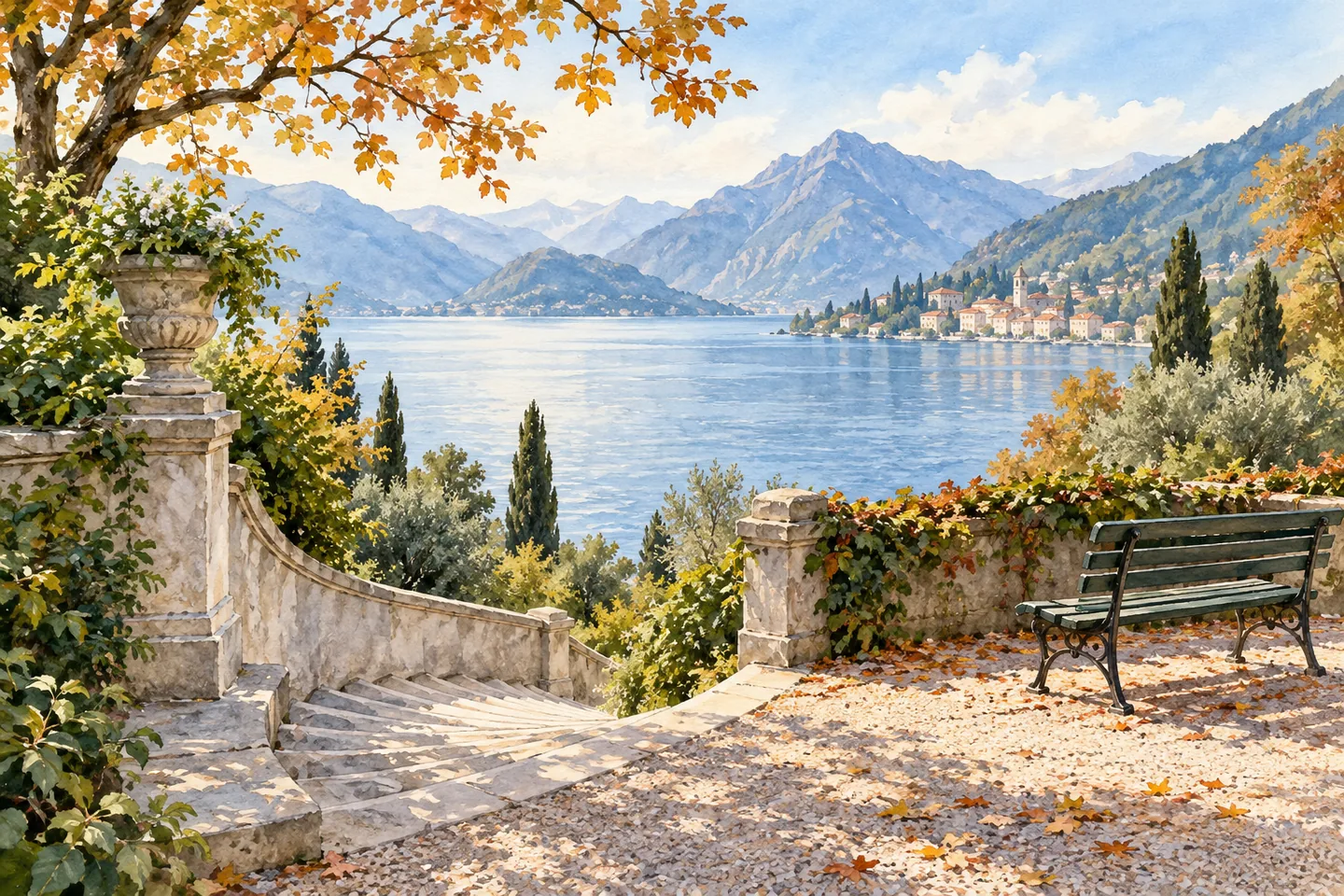 Editorial watercolor of an imagined lakeside garden stair, autumn foliage and an empty bench.