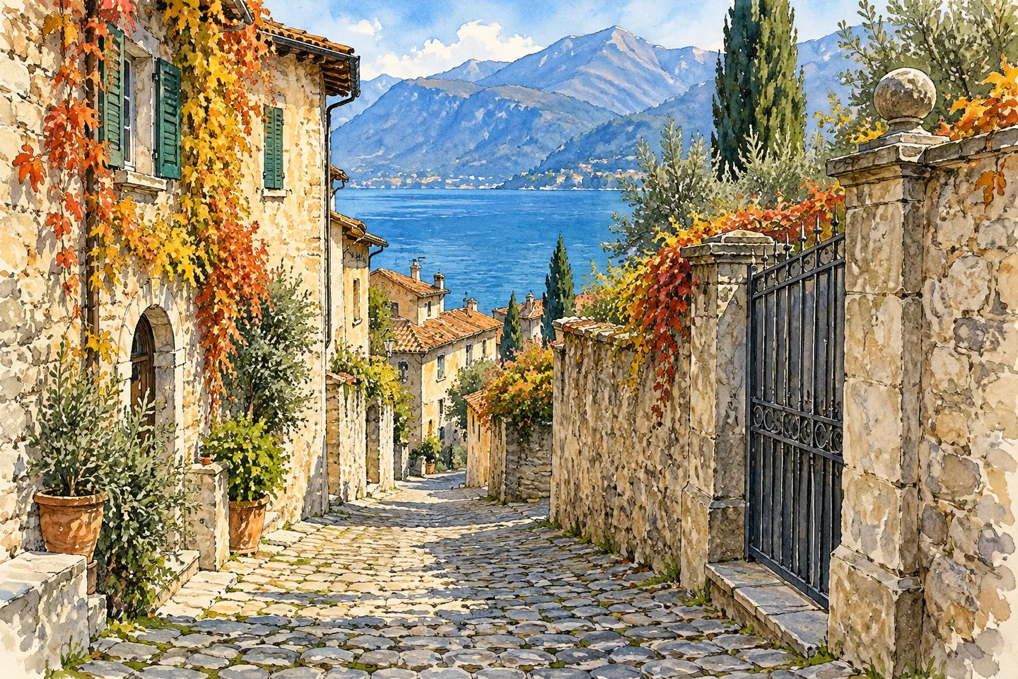 Editorial watercolor of an imagined cobbled lakeside lane, stone houses and a closed private gate in autumn.