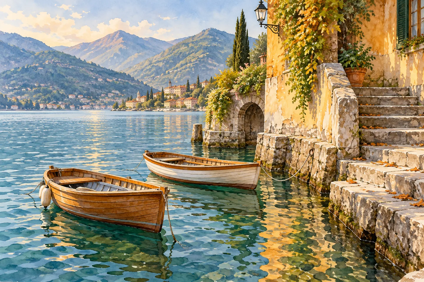 Editorial watercolor of two wooden boats in an imagined Lake Como harbour beside ochre walls and stone steps.