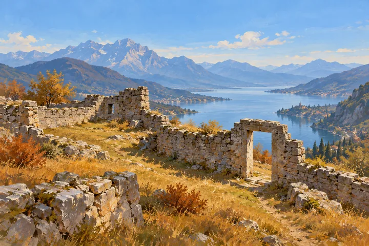 Editorial gouache of imagined roofless fort walls on an autumn hillside, with a distant lake and blue mountains.