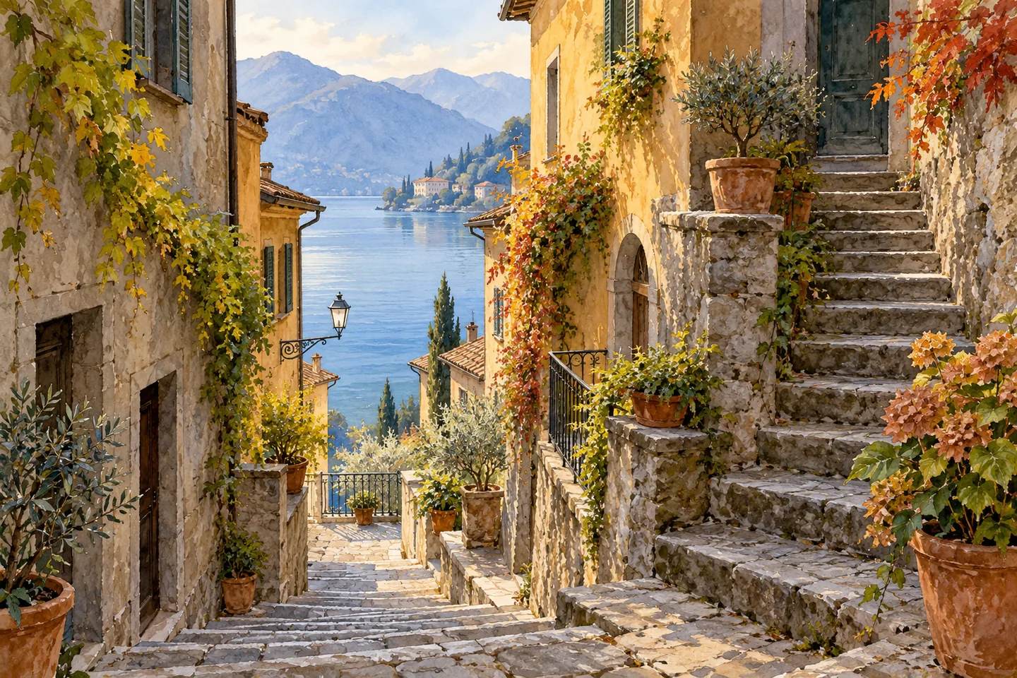 Editorial watercolor of imagined steep stone steps between ochre lakeside houses, with potted plants and blue water below.