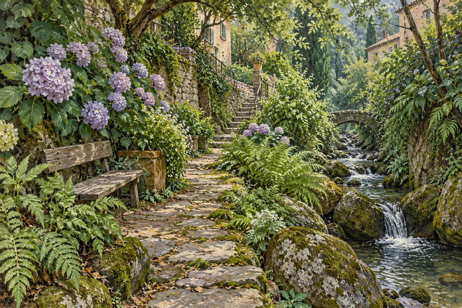 Editorial gouache of an imagined shaded garden path, wooden bench, leafy planting and a narrow stream.