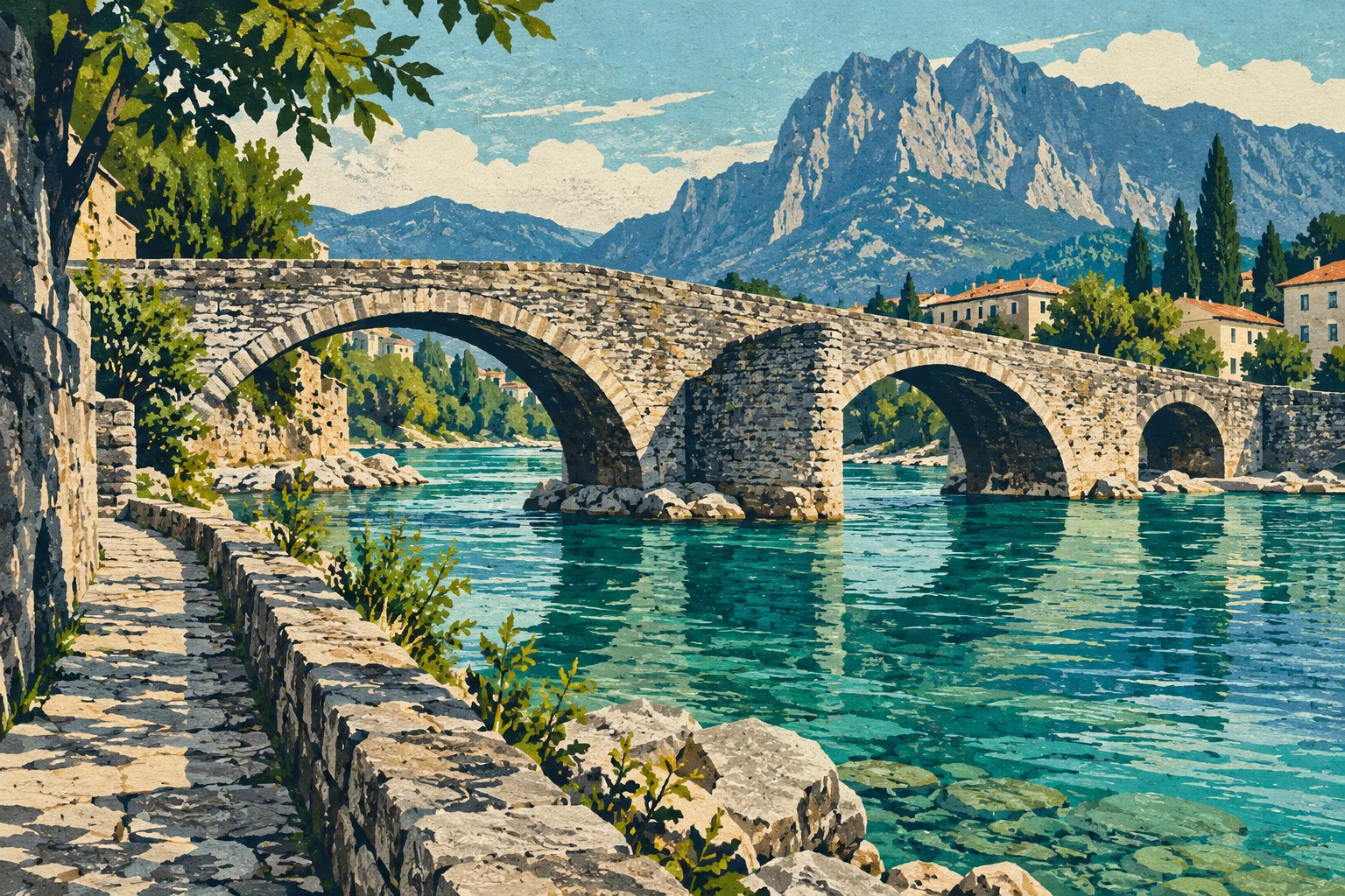 Editorial linocut of an imagined old stone bridge with unequal arches above blue-green water and a mountain silhouette.