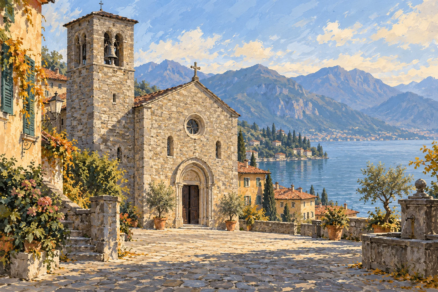 Editorial gouache of an imagined stone church and bell tower in an upper lakeside village square, with distant blue mountains.