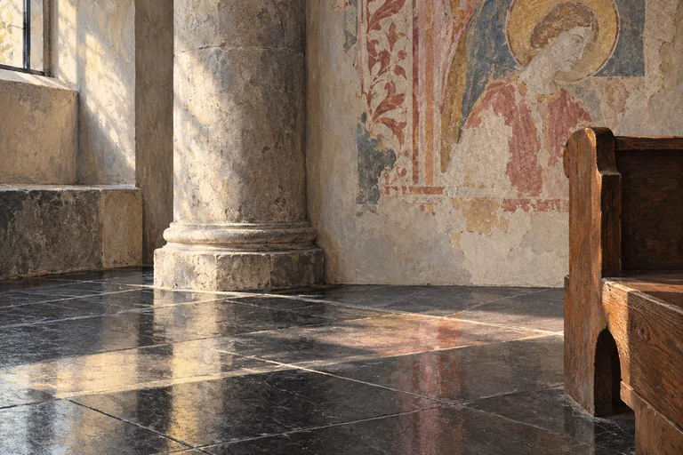 Editorial church-detail illustration with a dark polished stone floor, round column, imagined faded fresco and corner of a wooden pew.