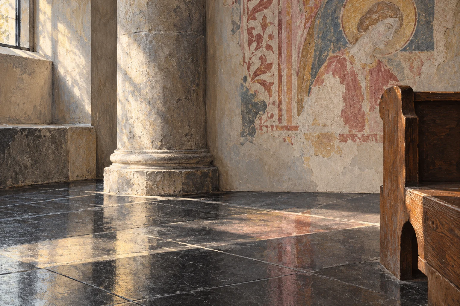 Editorial church-detail illustration with a dark polished stone floor, round column, imagined faded fresco and corner of a wooden pew.