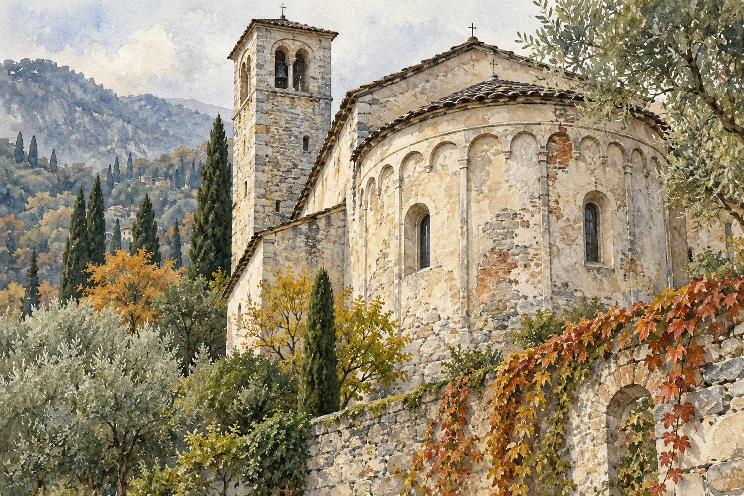 Editorial watercolour of an imagined stone church apse and bell tower on an autumn hillside, with varied masonry and vines.