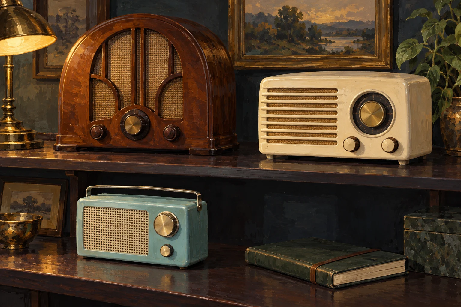 Editorial gouache of imagined walnut, cream and turquoise vintage radios on dark shelves beside an unmarked notebook.